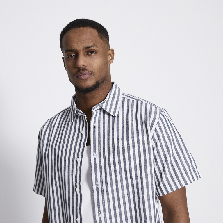 Short sleeve linen blend shirt "Isak Stripe" Dark Blue